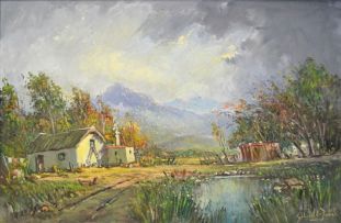 Gabriel de Jongh; Farmhouse with Mountains in the Distance