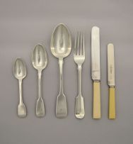 An assembled part set of Fiddle pattern silver flatware, various makers, towns and dates, 1851-1852