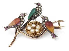 Victorian diamond, ruby, pearl and chalcedony bird brooch, 1890s