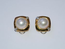 Pair of mabé pearl, diamond and 18ct gold earrings