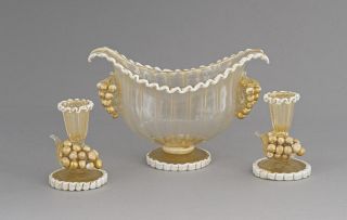 A Barovier & Co glass coupe and a pair of candlesticks, designed by Ecole Barovier for Vetreria Artistica, 1930s