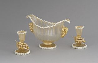A Barovier & Co glass coupe and a pair of candlesticks, designed by Ecole Barovier for Vetreria Artistica, 1930s