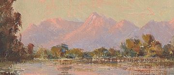 Willem Hermanus Coetzer; Riverscape with Distant Mountains, Dusk