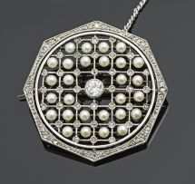 Edwardian diamond, seed pearl and platinum brooch