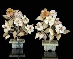 A near pair of Chinese jade, rose quartz, agate and hardstone flowering trees, mid 20th century