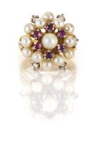 Pearl, ruby and diamond dress ring, designed by W Meyer, Windhoek