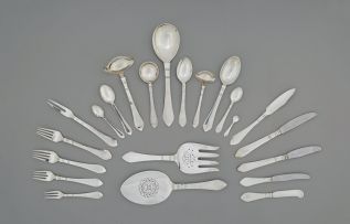 A Georg Jensen Continental (Antik) pattern assembled set of silver cutlery, designed by Georg Jensen in 1906, various dates