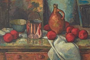 David Botha; Still Life with a Jug, Copper Pot and Pomegranates