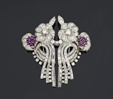 Diamond, ruby and platinum double-clip brooch, 1950s