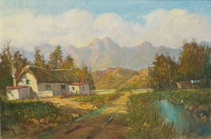 Gabriel de Jongh; A Cape Cottage by a Mountain Stream