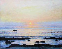 Walter Meyer; Seascape with Tugboat at Sunset