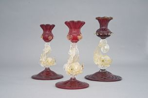 Three Venetian glass candlesticks, Salviati, 1950s
