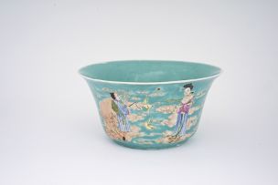 A Chinese famille-rose and turquoise ground bowl, Qing Dynasty, late 19th century