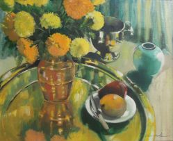 Louis van Heerden; Still Life with Yellow Carnations, Vessels and Fruit