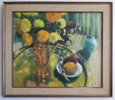 Louis van Heerden; Still Life with Yellow Carnations, Vessels and Fruit