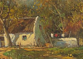 Gabriel de Jongh; Cape Dutch Cottage in a Mountainous Landscape