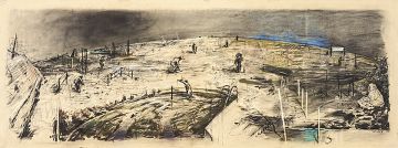 William Kentridge; Extensive Landscape with Figures and Swimming Pool