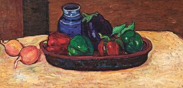 François Krige; Still Life with Onions, Peppers and Aubergine