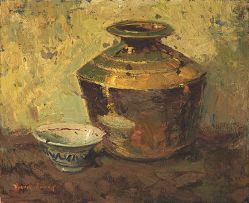 Adriaan Boshoff; Still Life with Copper Pot and Porcelain Bowl