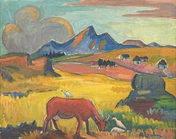 Maggie Laubser; Landscape with Cow, Huts and Mountains