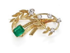 Emerald, diamond and gold brooch, 1970s