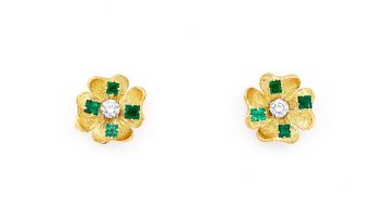 Pair of diamond, emerald and gold earrings