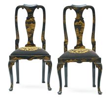 A pair of George I style black japanned side chairs, early 20th century