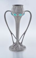 A Liberty pewter and enamelled two-handled vase, designed by Archibald Knox, circa 1910, No. 029