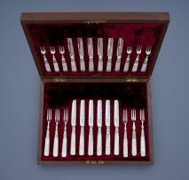 A cased silver-plate and mother-of-pearl fruit set, Allen & Darwin, Sheffield, 1878-1922, Rd 143384 and 221148