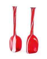 A near pair of Italian ruby-red and white a fili glass bottle vases