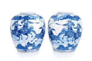 A pair of Chinese blue and white narrative jars, Qing Dynasty, 19th century