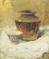 Adriaan Boshoff; Still Life with a Brass Vessel and a Blue and White Bowl