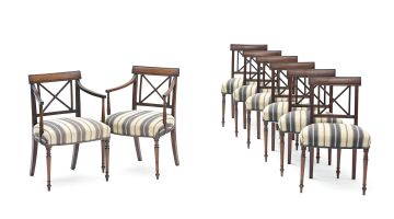 A set of eight George III mahogany dining chairs, 19th century and later