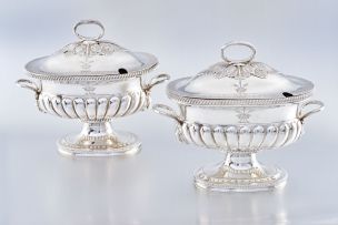 A pair of George III silver tureens and covers, Thomas Blagden & Co, Sheffield, 1809