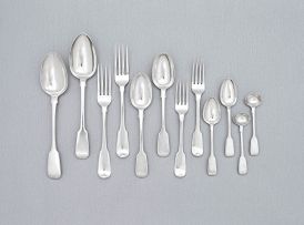 An assembled set of silver Fiddle pattern flatware, various makers and dates, London, Exeter and Dublin, 1801-1867