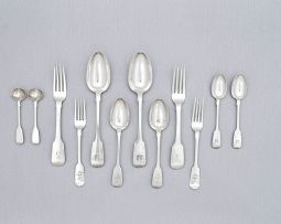 An assembled set of silver Fiddle pattern flatware, various makers and dates, London and Exeter, 1812-1867
