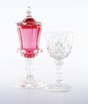 A Victorian pink and clear glass goblet and cover
