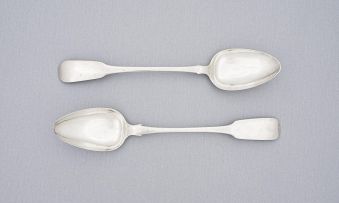 Two Cape silver Fiddle pattern basting spoons, Lawrence Holme Twentyman, first half 19th century