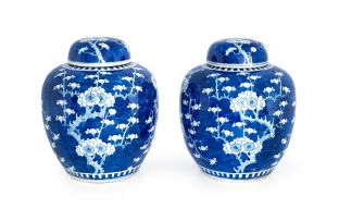 A pair of Chinese blue and white jars and covers, Qing Dynasty, 19th century