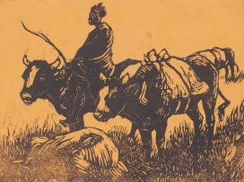 Allerley Glossop; Basutho Pony and Rider; Horse's Head; Rider with Cattle (linocut)