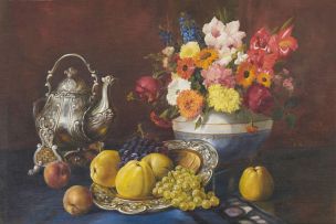 A. Burghardt; Still Life with Fruit, Spring Flowers and a Silver Teapot