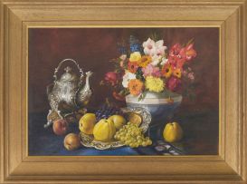 A. Burghardt; Still Life with Fruit, Spring Flowers and a Silver Teapot