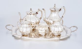 An assembled Mexican silver six-piece tea service, Juvento Lopez Reyes, Mexico City, 20th century, .925 standard