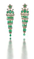 Pair of Indian emerald and pearl drop earrings, retailed by Harrods, London