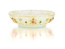 A Mughal jewel-encrusted miniature jade bowl, 19th century