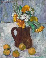 Freida Lock; Still Life with Spring Flowers and Fruit