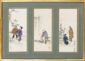 A set of nine Japanese appliqué and painted panels, late Meiji Period (1868-1912)