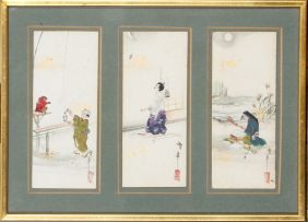 A set of nine Japanese appliqué and painted panels, late Meiji Period (1868-1912)