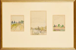 Maggie Laubser; Landscape with Ploughed Field and Trees; Suburban Scene: Barge on Canal and Landscape with Ploughed Field, Houses; Trees