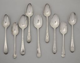 A miscellaneous group of Old English pattern silver teaspoons, various makers, London, Sheffield & Edinburgh, 1787-1883
